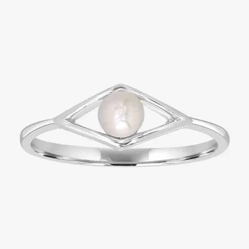 Silver Treasures Womens 2MM White Simulated Pearl Sterling Diamond Band