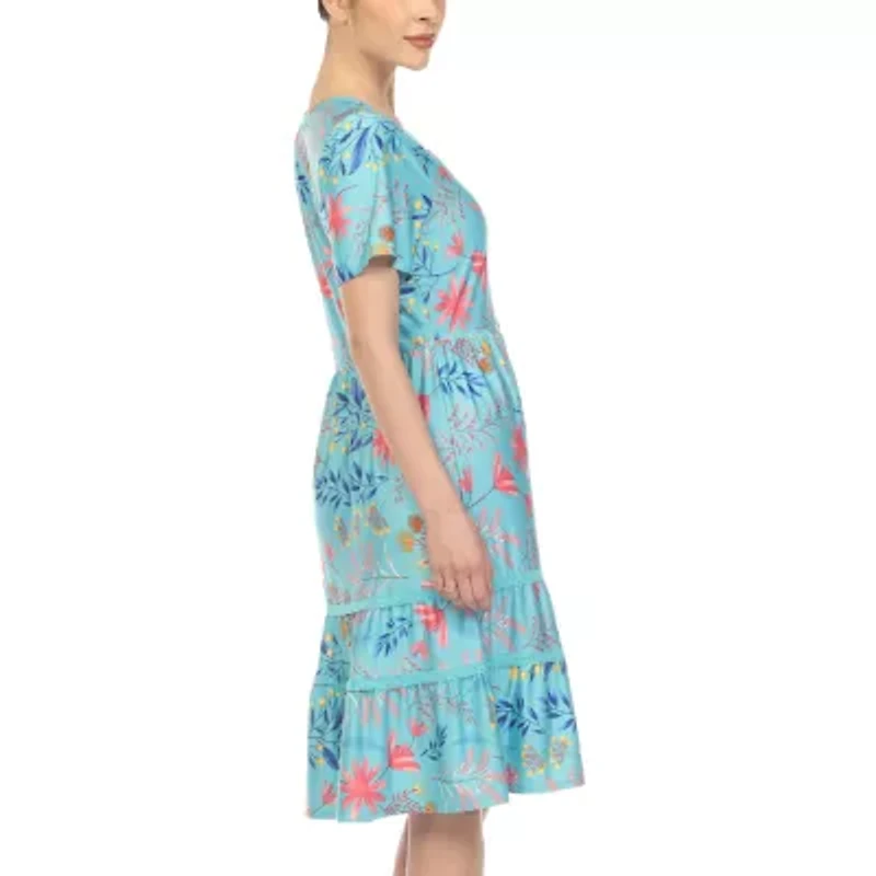 White Mark Womens Short Sleeve Floral Fit + Flare Dress