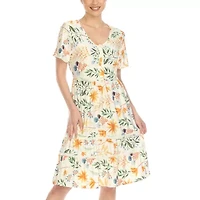 White Mark Womens Short Sleeve Floral Fit + Flare Dress