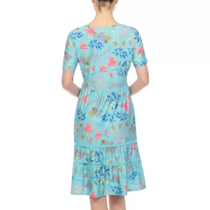 White Mark Womens Short Sleeve Floral Fit + Flare Dress