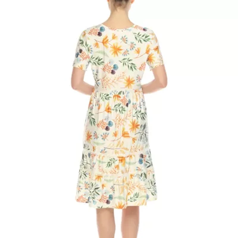 White Mark Womens Short Sleeve Floral Fit + Flare Dress