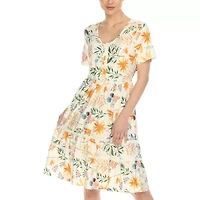 White Mark Womens Short Sleeve Floral Fit + Flare Dress
