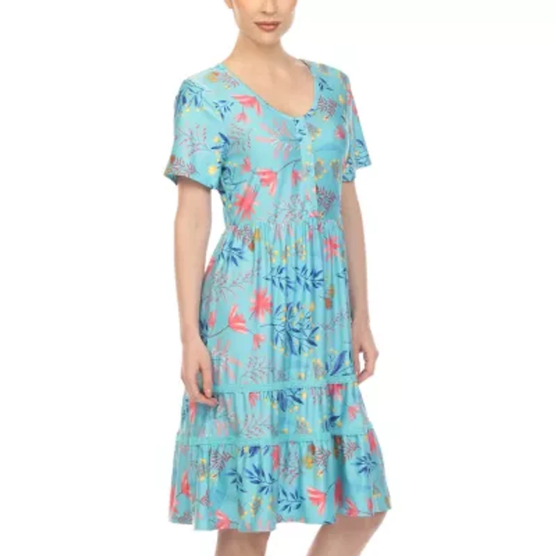 White Mark Womens Short Sleeve Floral Fit + Flare Dress