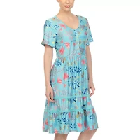 White Mark Womens Short Sleeve Floral Fit + Flare Dress