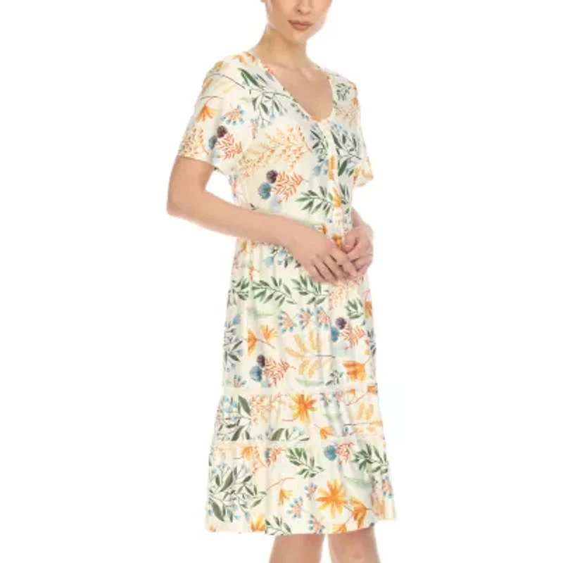 White Mark Womens Short Sleeve Floral Fit + Flare Dress