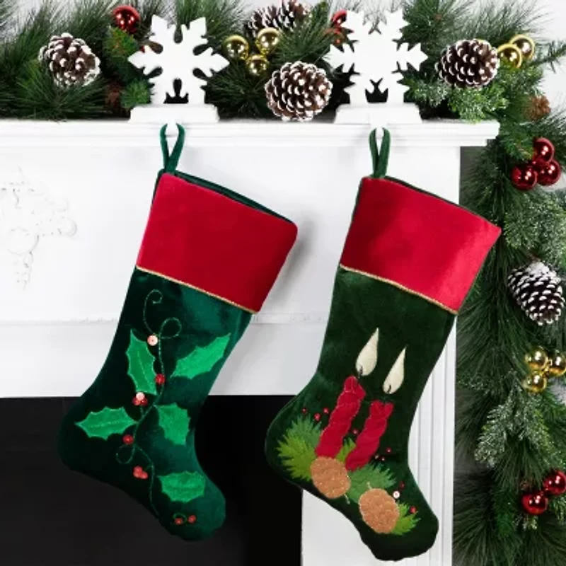 20'' Dark Green and Burgundy Candle and Pine Cone Velveteen Christmas Stocking