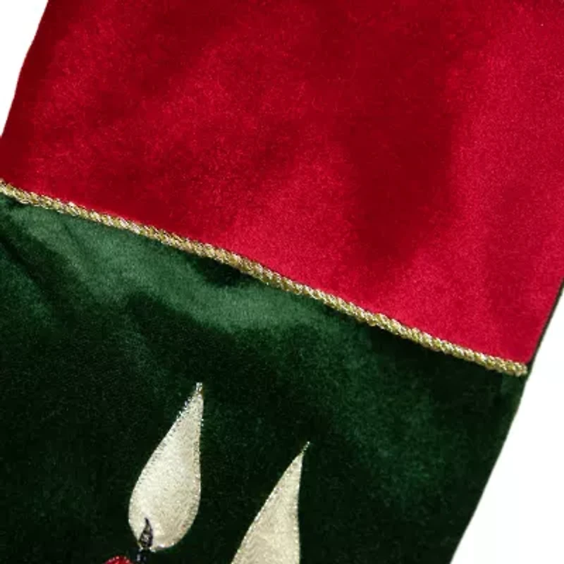 20'' Dark Green and Burgundy Candle and Pine Cone Velveteen Christmas Stocking