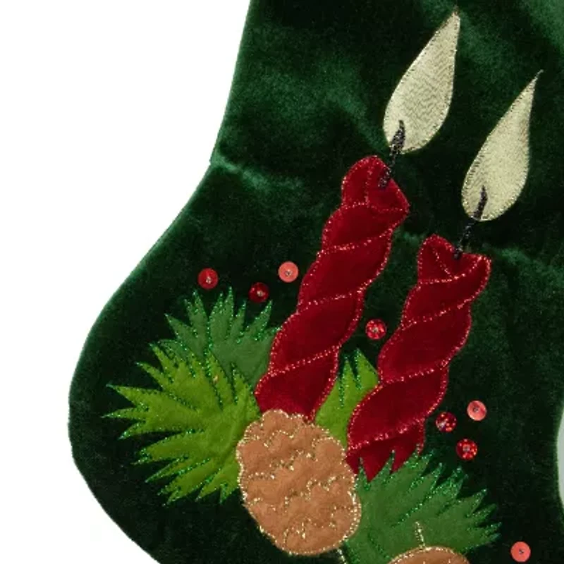 20'' Dark Green and Burgundy Candle and Pine Cone Velveteen Christmas Stocking