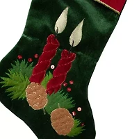 20'' Dark Green and Burgundy Candle and Pine Cone Velveteen Christmas Stocking