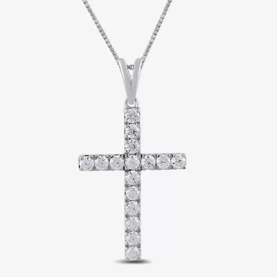 Womens 1/ CT. T.W. Lab Grown White Diamond 10K White Gold Cross 18 Inch Pendant Necklace