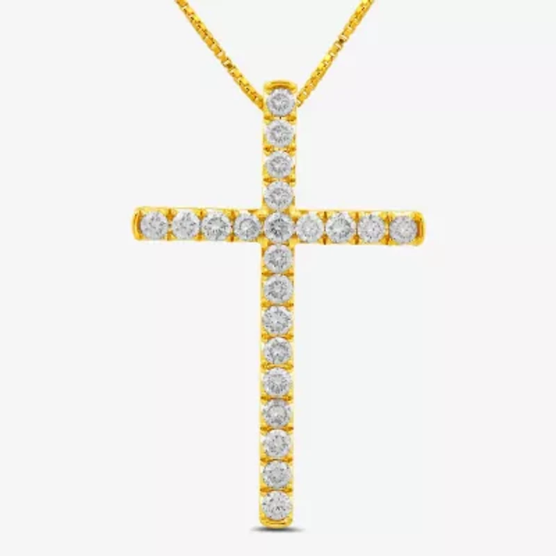 Womens 1 CT. T.W. Lab Grown White Diamond 10K Gold Cross 18 Inch Pendant Necklace