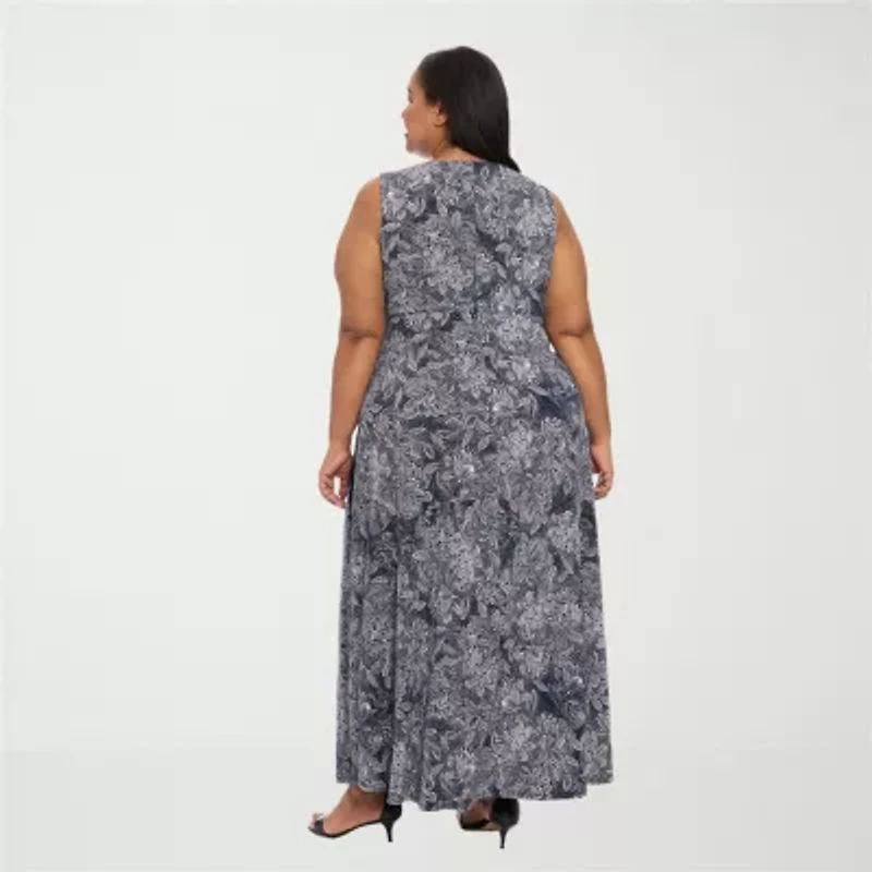 London Times Womens Plus Round Neck Sleeveless Maxi Dress