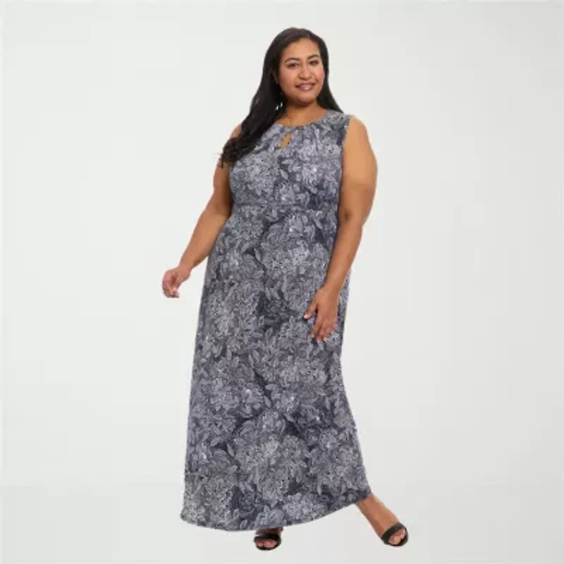 London Times Womens Plus Round Neck Sleeveless Maxi Dress