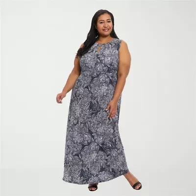 London Times Womens Plus Round Neck Sleeveless Maxi Dress