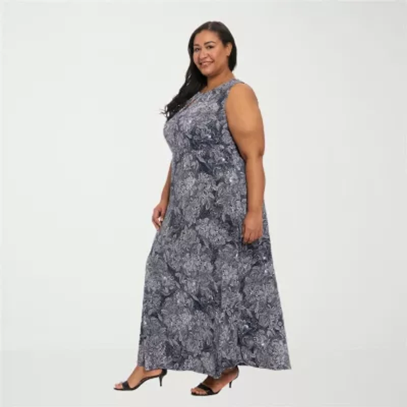 London Times Womens Plus Round Neck Sleeveless Maxi Dress