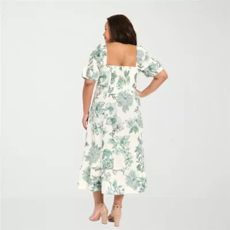 London Times Womens Plus Midi Square Neck Short Sleeve Puffed Floral Fit + Flare Dress