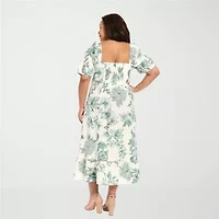 London Times Womens Plus Midi Square Neck Short Sleeve Puffed Floral Fit + Flare Dress