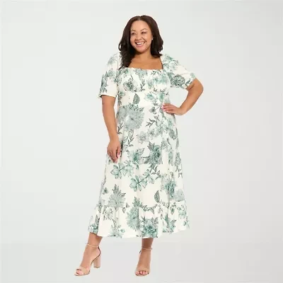 London Times Womens Plus Midi Square Neck Short Sleeve Puffed Floral Fit + Flare Dress