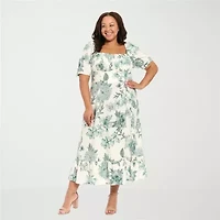 London Times Womens Plus Midi Square Neck Short Sleeve Puffed Floral Fit + Flare Dress
