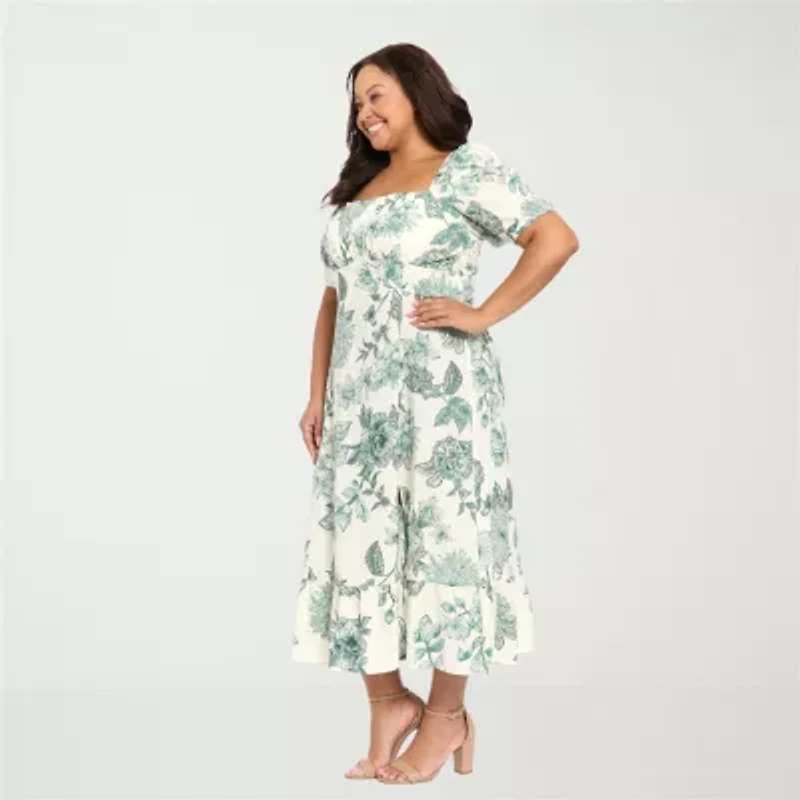 London Times Womens Plus Midi Square Neck Short Sleeve Puffed Floral Fit + Flare Dress