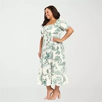 London Times Womens Plus Midi Square Neck Short Sleeve Puffed Floral Fit + Flare Dress