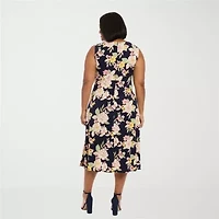 London Times Womens Plus Midi Round Neck Sleeveless Floral Fit + Flare Dress