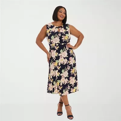London Times Womens Plus Midi Round Neck Sleeveless Floral Fit + Flare Dress