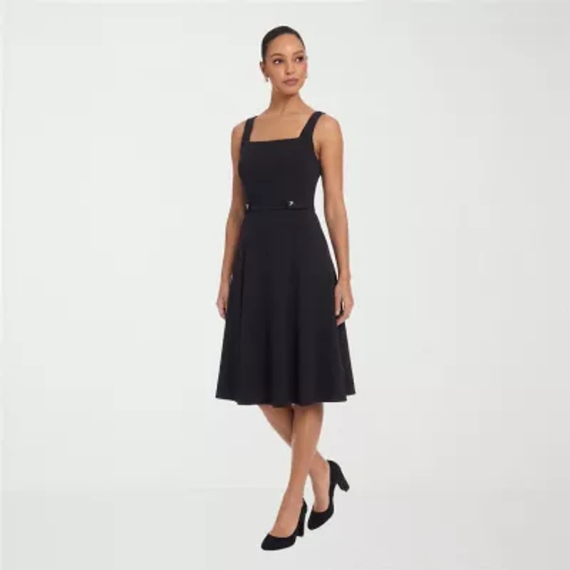 London Times Womens Petite Midi Square Neck Sleeveless Fit + Flare Dress