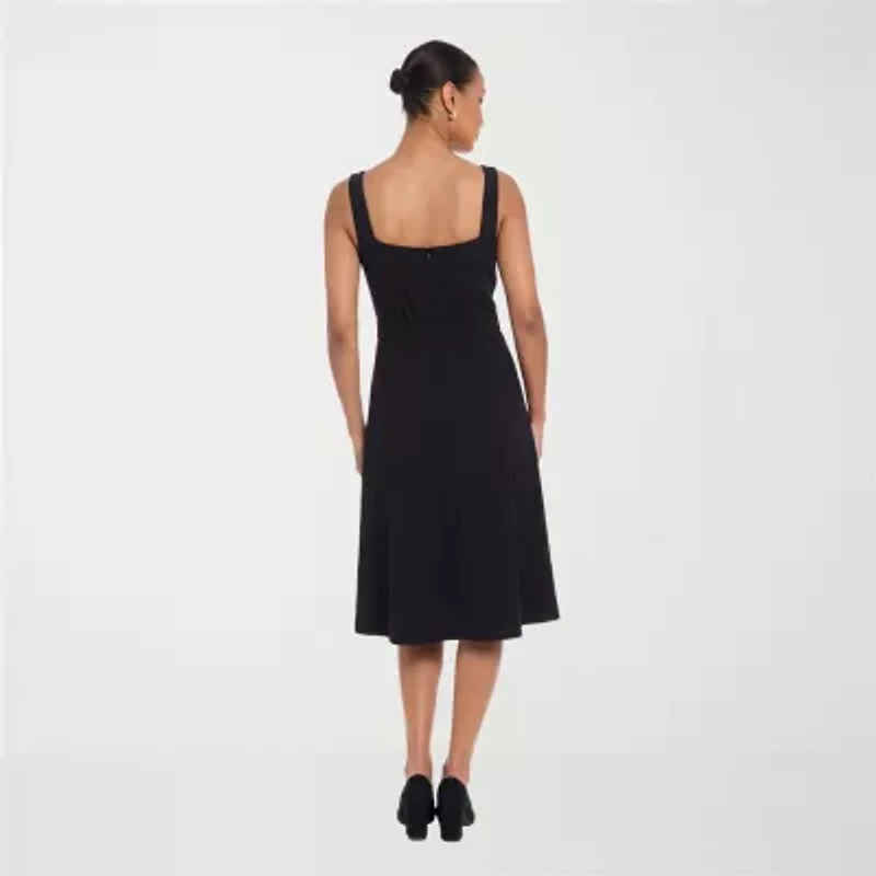 London Times Womens Petite Midi Square Neck Sleeveless Fit + Flare Dress