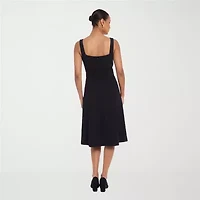 London Times Womens Petite Midi Square Neck Sleeveless Fit + Flare Dress