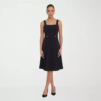 London Times Womens Petite Midi Square Neck Sleeveless Fit + Flare Dress