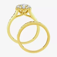 (F / Si2) Womens 2 CT. T.W. Lab Grown White Diamond 14K Gold Over Silver Round Side Stone Halo Bridal Set
