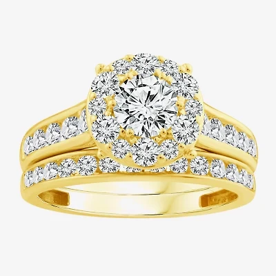 (F / Si2) Womens 2 CT. T.W. Lab Grown White Diamond 14K Gold Over Silver Round Side Stone Halo Bridal Set
