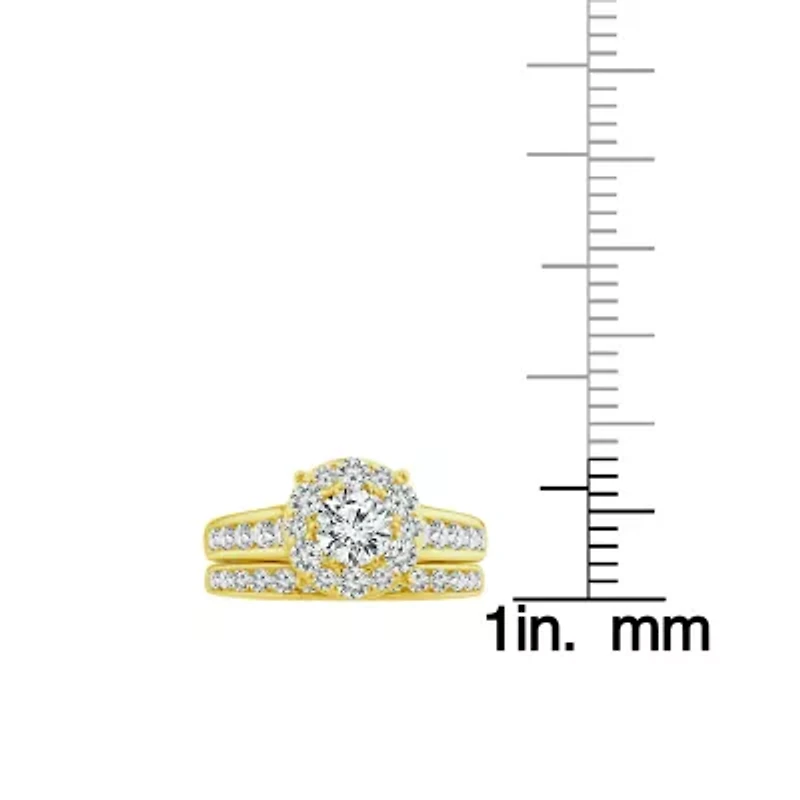 (F / Si2) Womens 2 CT. T.W. Lab Grown White Diamond 14K Gold Over Silver Round Side Stone Halo Bridal Set