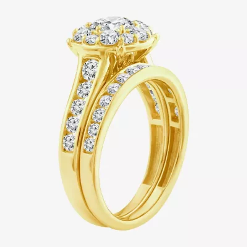 (F / Si2) Womens 2 CT. T.W. Lab Grown White Diamond 14K Gold Over Silver Round Side Stone Halo Bridal Set