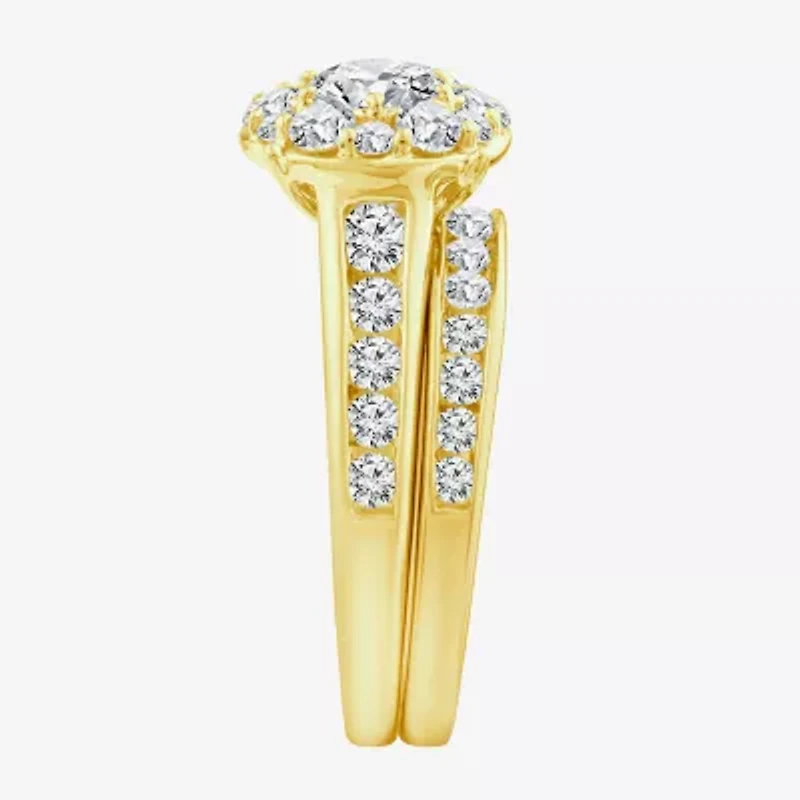 (F / Si2) Womens 2 CT. T.W. Lab Grown White Diamond 14K Gold Over Silver Round Side Stone Halo Bridal Set