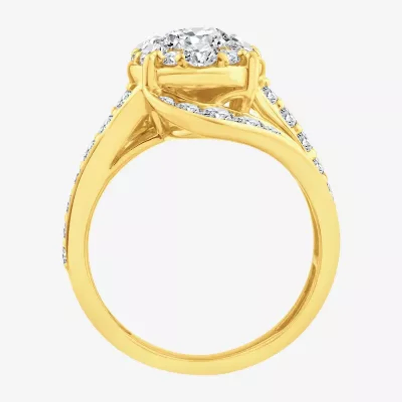 F / Si2) Womens CT. T.W. Lab Grown White Diamond 14K Gold Over Silver Round Side Stone Halo Engagement Ring