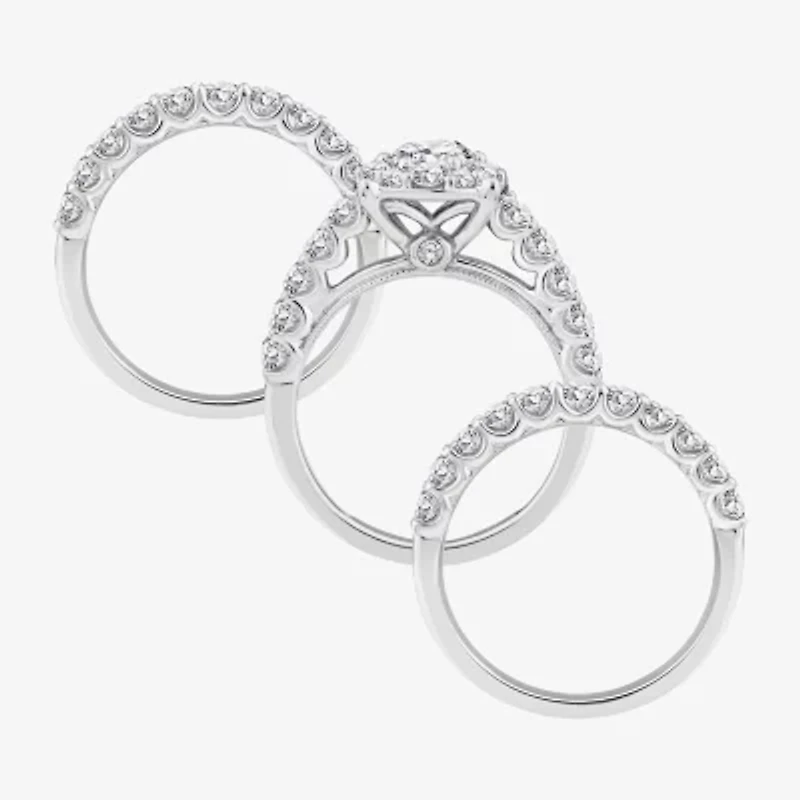 (F / Si2) Womens 3 CT. T.W. Lab Grown White Diamond Sterling Silver Round Side Stone Halo Bridal Set