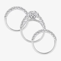 (F / Si2) Womens 3 CT. T.W. Lab Grown White Diamond Sterling Silver Round Side Stone Halo Bridal Set