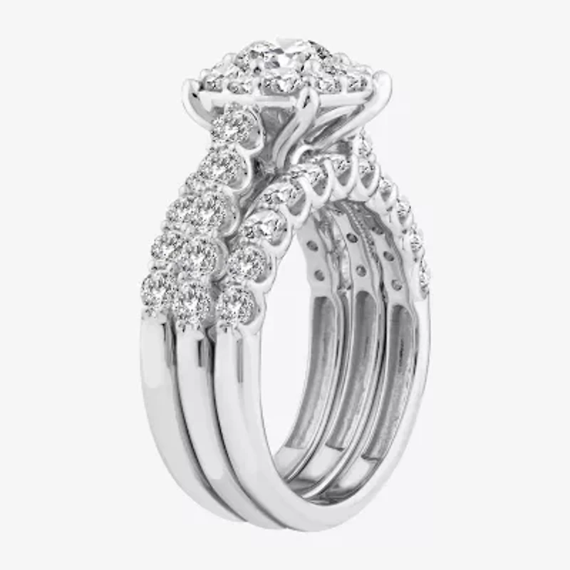 (F / Si2) Womens 3 CT. T.W. Lab Grown White Diamond Sterling Silver Round Side Stone Halo Bridal Set