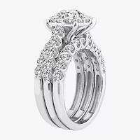 (F / Si2) Womens 3 CT. T.W. Lab Grown White Diamond Sterling Silver Round Side Stone Halo Bridal Set