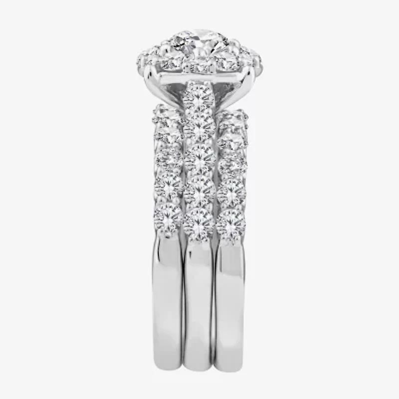 (F / Si2) Womens 3 CT. T.W. Lab Grown White Diamond Sterling Silver Round Side Stone Halo Bridal Set