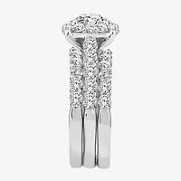 (F / Si2) Womens 3 CT. T.W. Lab Grown White Diamond Sterling Silver Round Side Stone Halo Bridal Set
