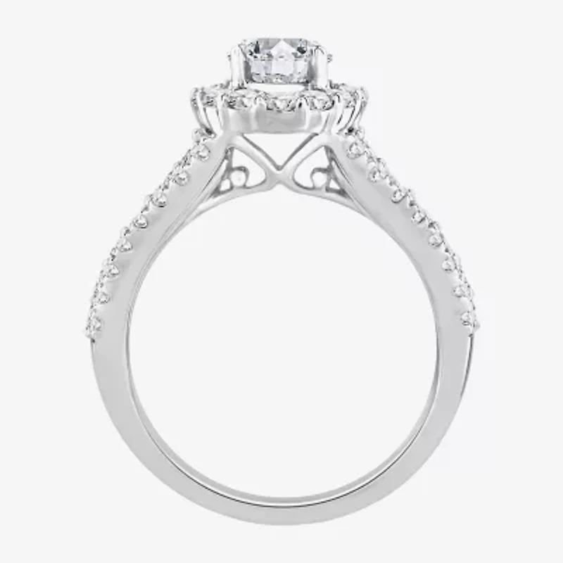 (F / Si1) Womens 2 1/4 CT. T.W. Lab Grown White Diamond Sterling Silver Oval Side Stone Halo Engagement Ring