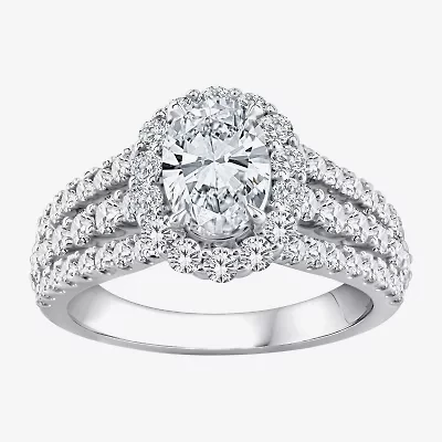 (F / Si1) Womens 2 1/4 CT. T.W. Lab Grown White Diamond Sterling Silver Oval Side Stone Halo Engagement Ring