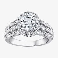 (F / Si1) Womens 2 1/4 CT. T.W. Lab Grown White Diamond Sterling Silver Oval Side Stone Halo Engagement Ring