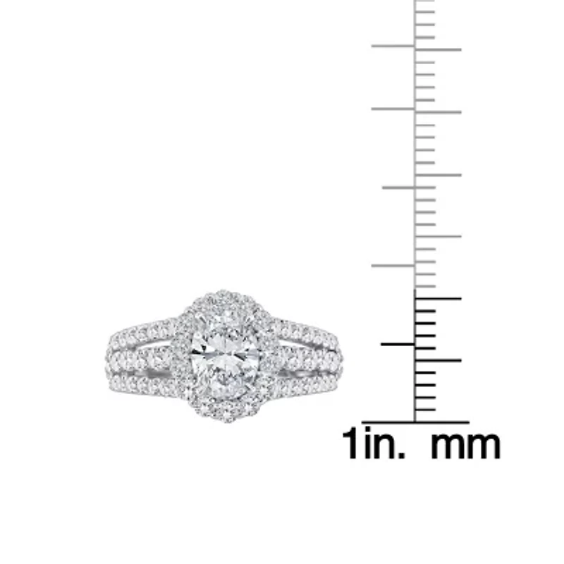 (F / Si1) Womens 2 1/4 CT. T.W. Lab Grown White Diamond Sterling Silver Oval Side Stone Halo Engagement Ring