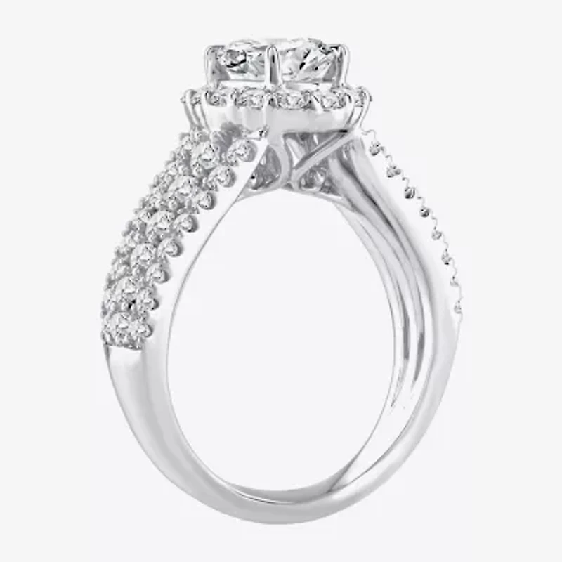 (F / Si1) Womens 2 1/4 CT. T.W. Lab Grown White Diamond Sterling Silver Oval Side Stone Halo Engagement Ring