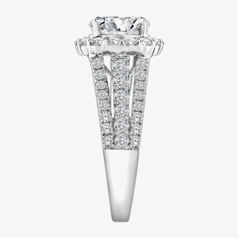 (F / Si1) Womens 2 1/4 CT. T.W. Lab Grown White Diamond Sterling Silver Oval Side Stone Halo Engagement Ring
