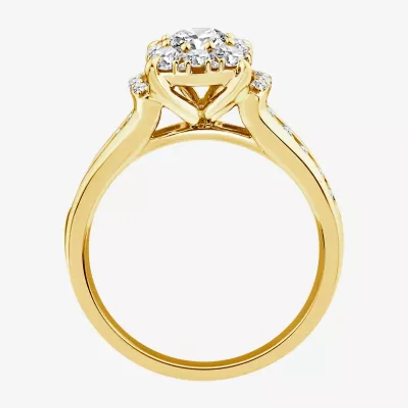 (F / Si2) Womens 1 CT. T.W. Lab Grown White Diamond 14K Gold Over Silver Round Side Stone Halo Engagement Ring